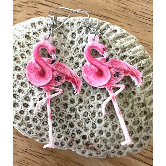 Pink Flamingo Earrings Dangle Hooks New Double Sided Las Vegas Florida B… - Picture 2 of 12